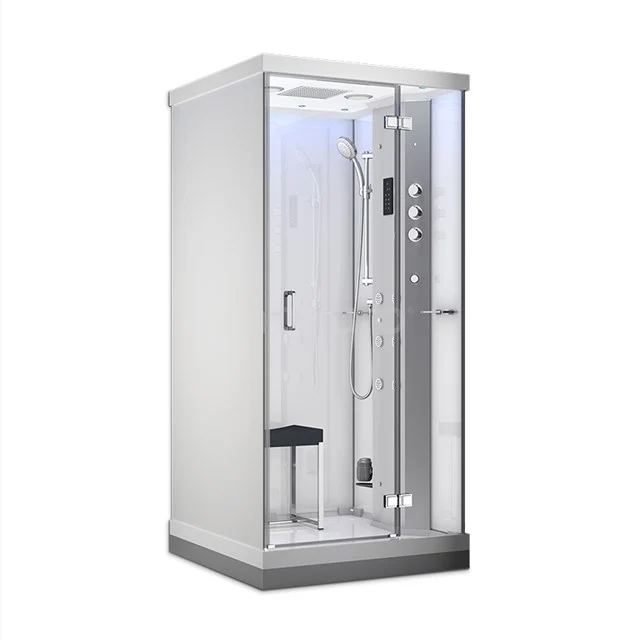 Compacte douchecabine met LED-verlichting, wit en zilver, voorzien van regen- en handdouche. Perfect voor moderne badkamers.