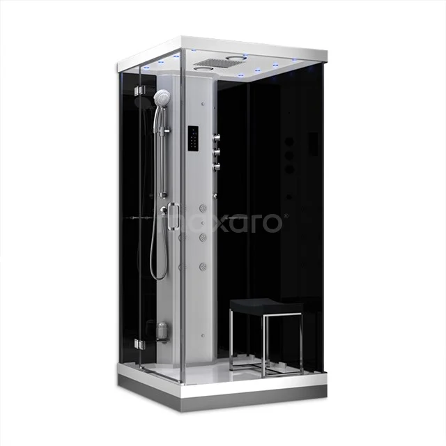 Compact shower enclosure with black glass, rain shower and massage jets, ideal for luxury bathrooms.