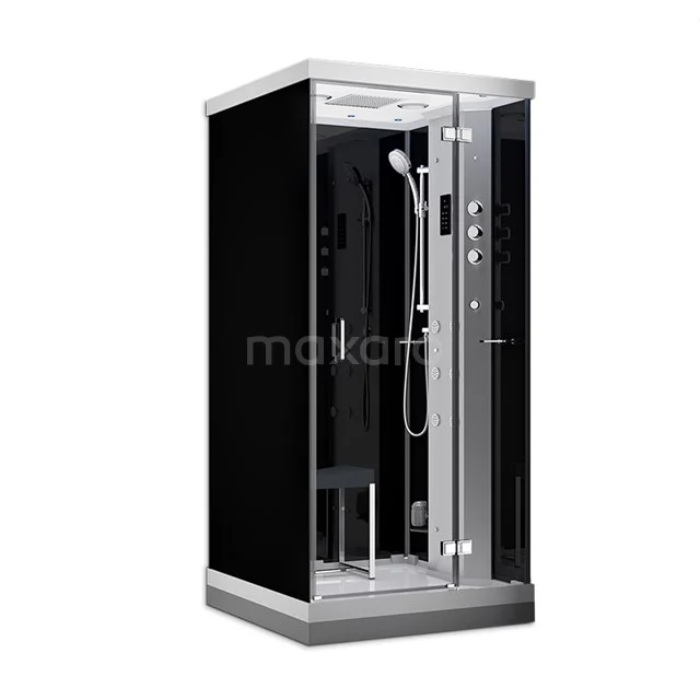 Lusso 1 Persoons Stoomcabine | 100x100 cm Zwart glas Draaideur Vierkant SHAN1010222N Zwarte stoomdouchecabine met glazen wanden, zilveren frame en geïntegreerde doucheset, ideaal voor luxe badkamerervaring.