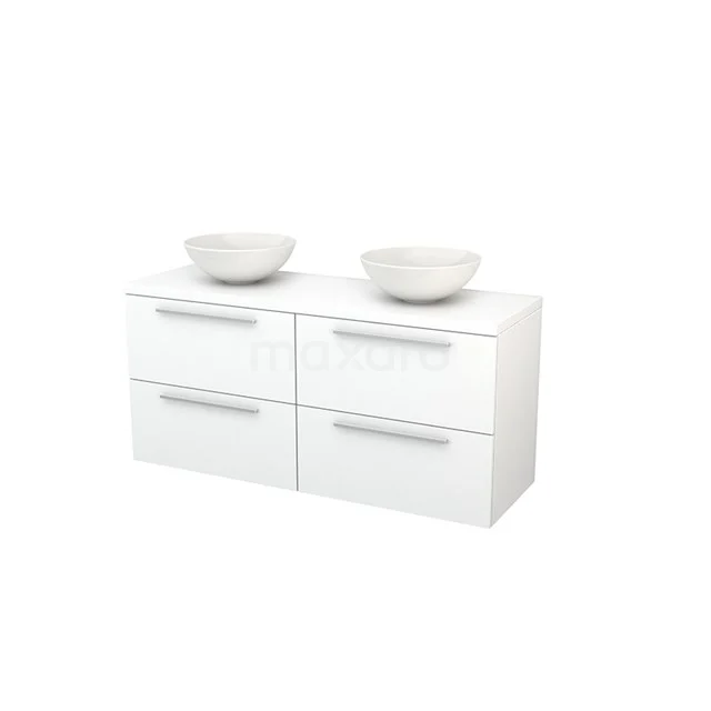White bathroom unit with four drawers and double basin, sleek design and glossy finish.