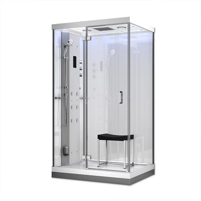 Compacte glazen douchecabine met geïntegreerde zitbank en moderne hydromassagesystemen, ideaal voor luxe badkamers.