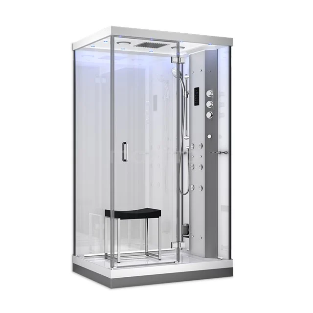 Lusso Einpersonen-Dampfkabine | 120x90 cm Weiß Glas Drehtür Rechteck SHAN1209102N Kompakte Duschkabine mit Glaswänden, eingebautem Sitzplatz und Massagedusche; modernes Design für luxuriöse Badezimmererfahrung.