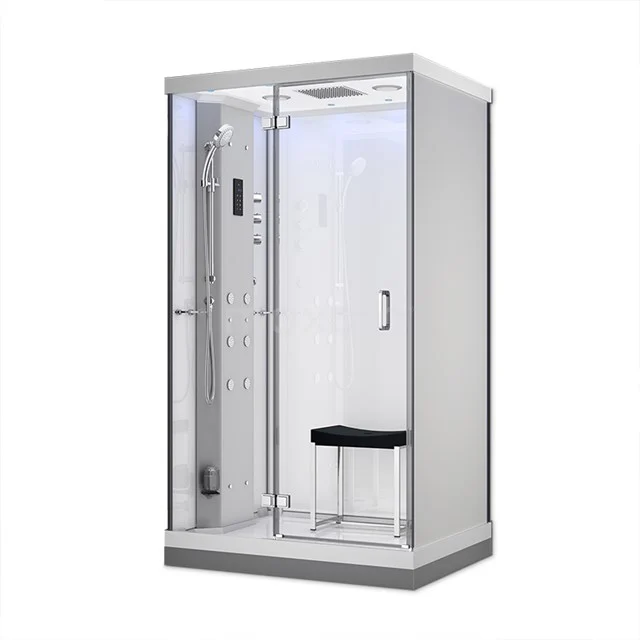 Compact shower enclosure with glass walls, integrated rain shower and black seat, ideal for modern bathrooms.