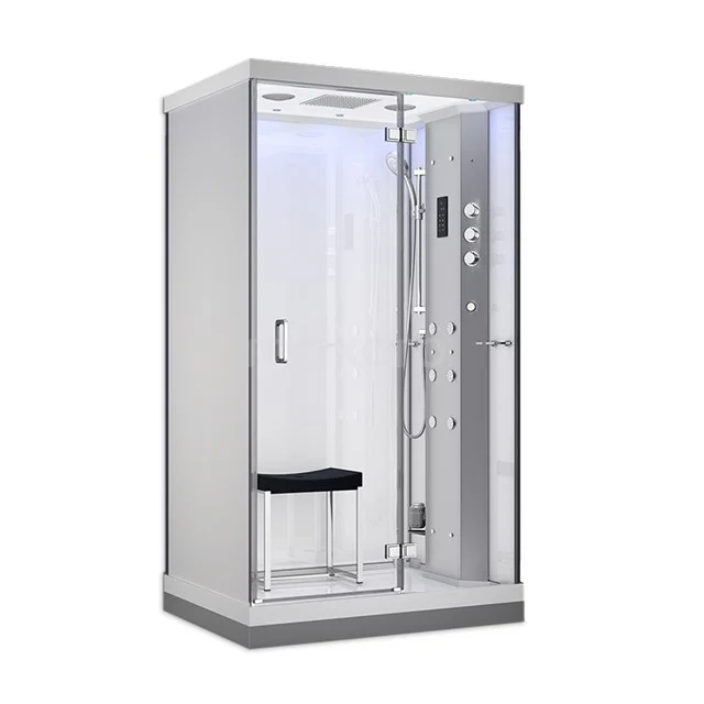 Dampfkabine Lusso 120x90cm Weiß Wassermassage LED Bluetooth SHA1209112N Kompakte Duschkabine mit Glastüren, eingebautem Sitzstuhl und LED-Beleuchtung, ideal für moderne Bäder.