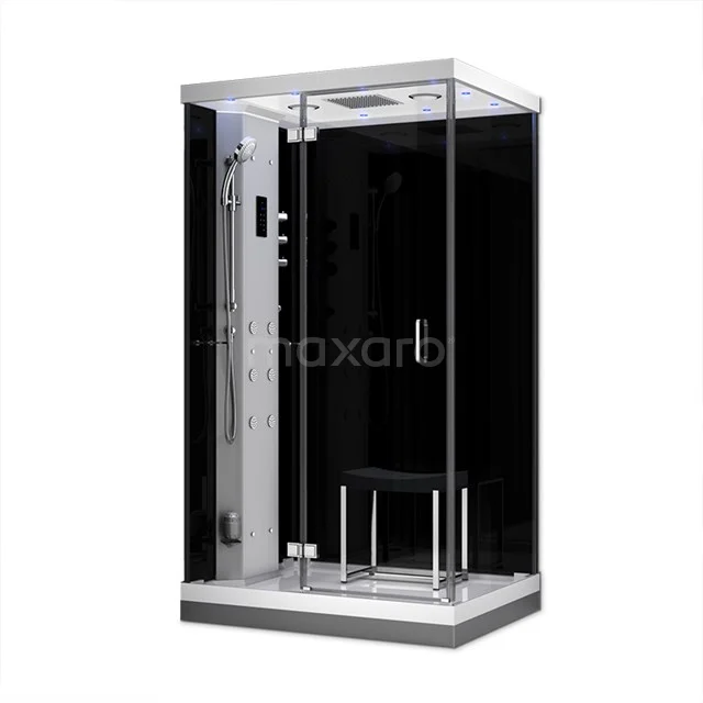Dampfkabine Lusso 120x90cm Schwarz Wassermassage LED Bluetooth SHAN1209204N Moderne schwarze Dampfkabine mit Glastüren, integrierter Regendusche und Sitzgelegenheit; luxuriöse Badezimmeroase zur Entspannung.