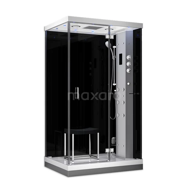 Dampfkabine Lusso 120x90cm Schwarz Wassermassage LED Bluetooth SHAN1209205N Kompakte schwarze Dampfduschkabine mit Glaswänden, metallischen Akzenten und eingebauter Regendusche für luxuriöse Badezimmererfahrung.