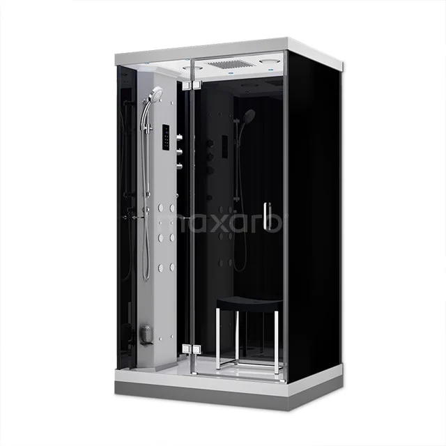 Compact black steam shower cabin with glass doors and integrated bench, ideal for luxurious bathroom relaxation.