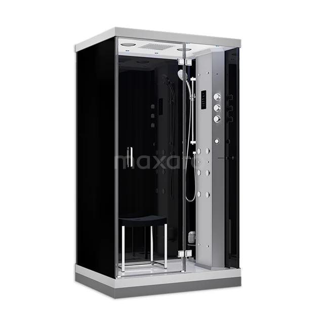 Lusso Einpersonen-Dampfkabine | 120x90 cm Schwarz Glas Drehtür Rechteck SHA1209222N Schwarze Dampfkabine mit silbernen Akzenten, Glastür und integrierter Regendusche; luxuriöse Badezimmerlösung.