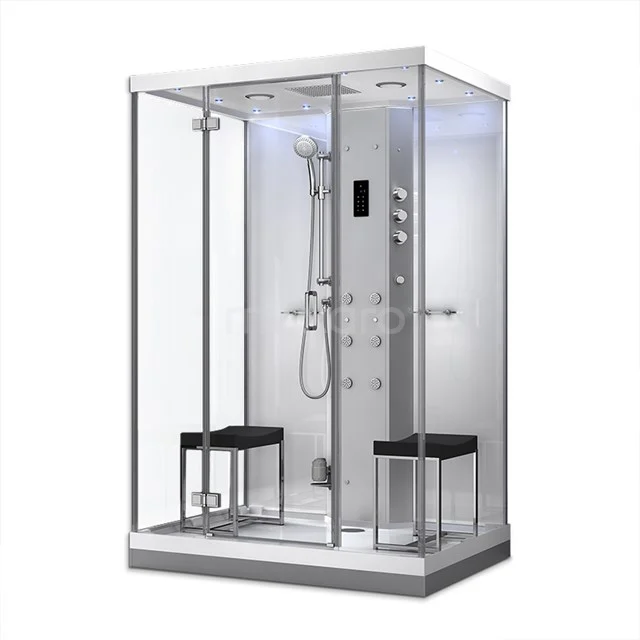 Lusso 2 Person Steam Cabin | 140x100 cm White glass Pivot door Rectangle SHA1410000N Luxury steam shower cabin with aluminium frame, glass walls, rain shower and built-in seats for ultimate bathroom comfort.