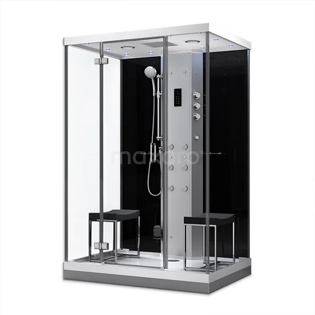 Modern shower enclosure with black back wall, integrated rain shower and seats, ideal for luxurious bathroom relaxation.