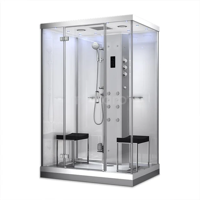 Lusso 2 Person Steam Cabin | 140x100 cm White glass Pivot door Rectangle SHA1410100 Luxury shower enclosure with LED lighting, rain shower, massage jets and two seats, ideal for a stylish bathroom experience.