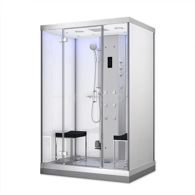 Luxury steam shower cabin with glass walls, LED lighting and rain shower; perfect for a modern bathroom.