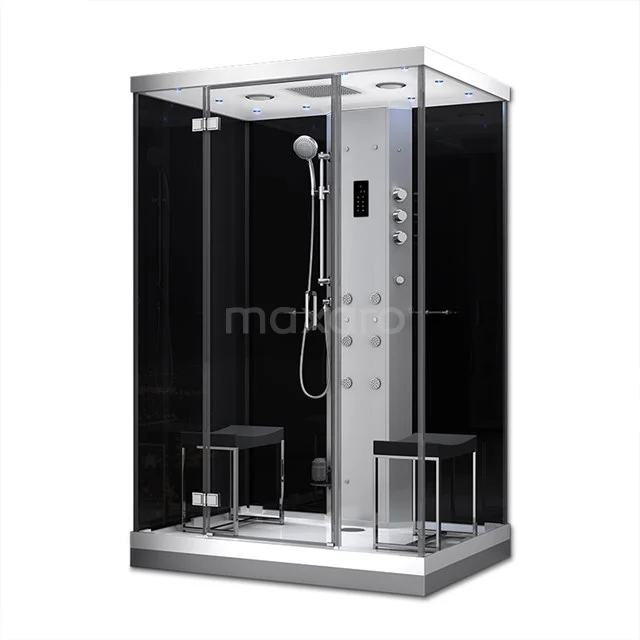 Lusso 2 Person Steam shower | 140x100 cm Black glass Pivot door Rectangle SHAN1410203 Modern steam showers with black glass walls, built-in rain shower and massage jets, perfect for luxurious bathroom relaxation.