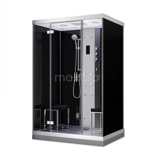 Black luxury steam showers with glass doors, built-in rain shower and LED controls, ideal for a modern bathroom.