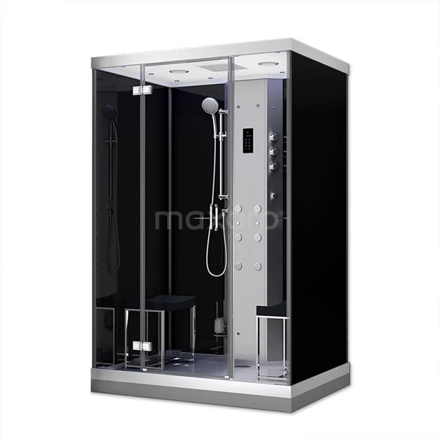 Lusso 2 Person Steam shower | 140x100 cm Black glass Pivot door Rectangle SHAN1410223 Black luxury steam showers with glass doors, built-in rain shower and LED controls, ideal for a modern bathroom.