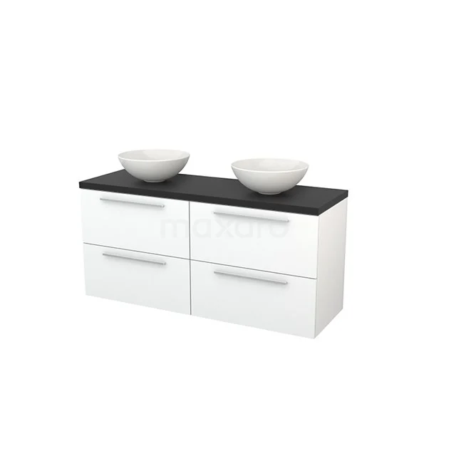White Bathroom unit with black top and double basin, four drawers, sleek design for modern bathroom furnishings.