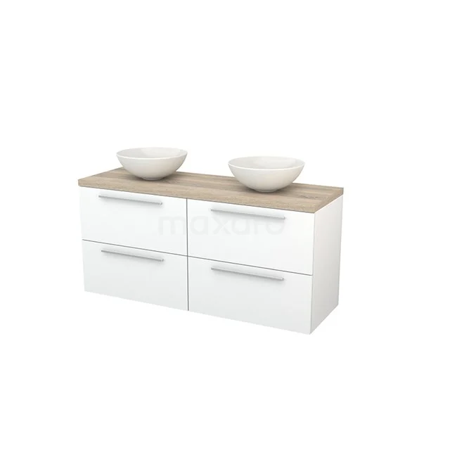 Modulo+ Plato Vanity units for countertop basin | 140 cm Matte white Flat front Oak worktop 4 drawers BMK002647 White bathroom unit with four drawers, wooden worktop and two separate countertop wash basins, ideal for a modern bathroom design.