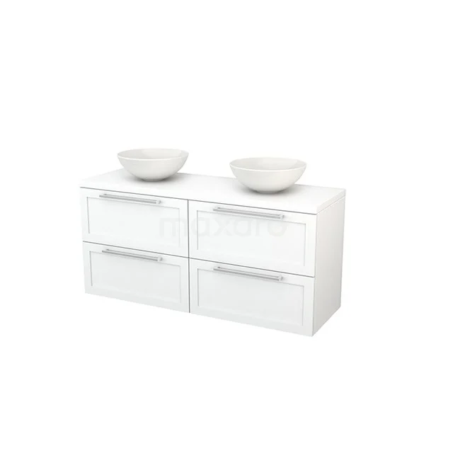 White bathroom cabinet with double drawers and top with two white countertop wash basins, sleek design and high-gloss finish.