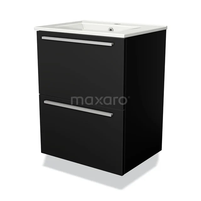 Schwarz Badmöbel mit zwei Schubladen, rechteckiger Form und weißem keramischen Waschbecken, modernes Design geeignet für jedes Badezimmer.