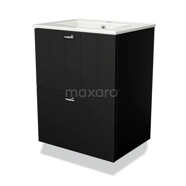 Modulo Slim Bathroom furniture with sink | 50 cm Matte black Slat front Ceramic 2 Stacked drawers BMW37-00450 Black bathroom cabinet with two drawers, ceramic basin, sleek design, ideal for modern bathrooms.