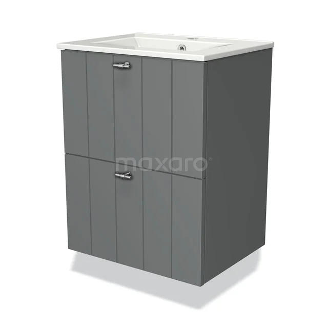 Grauer Badschrank mit Waschbecken, vertikalen Paneelen, zwei Schubladen, modernem Design, ideal für stilvolle Badezimmerlagerung.