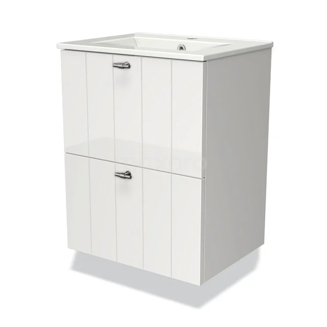 White bathroom unit with 2 drawers, vertical ribbed structure and chrome handles, ideal for stylish bathroom storage.