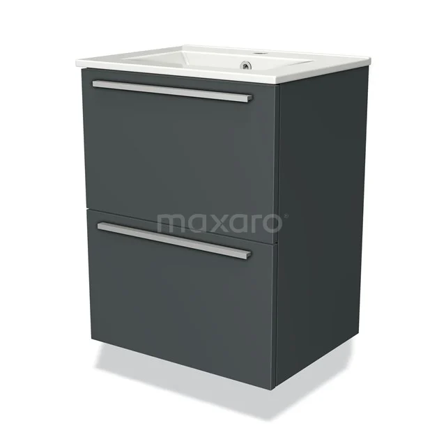 Dunkelgrauer Badschrank mit zwei Schubladen und weißem Waschbecken, modernes Design, ideal für stilvolle Badezimmerlagerung.