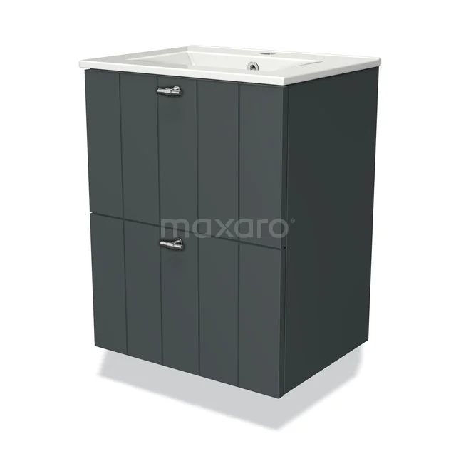 Grau Badmöbel mit vertikalen Linien, zwei Schubladen und keramischem Waschbecken; modernes Design, ideal für kompakte Bäder.