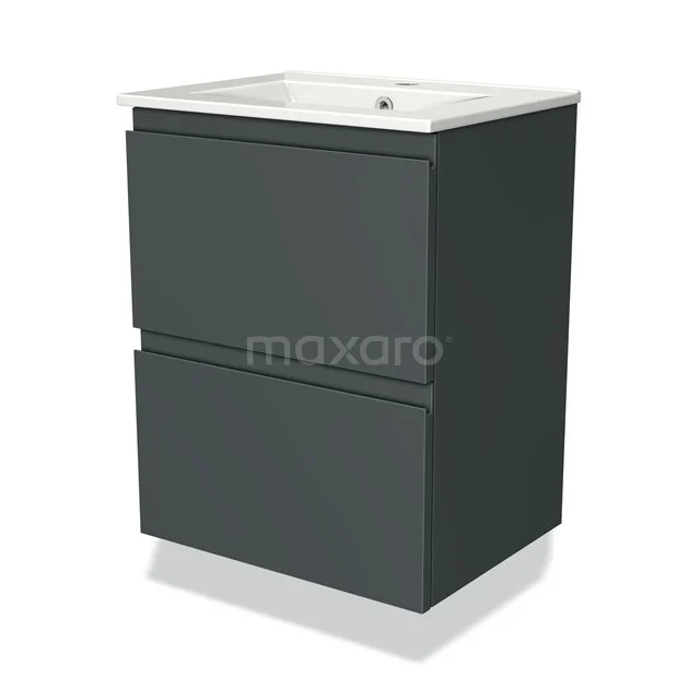 Grey bathroom unit with two soft-close drawers, sleek design, ceramic vanity units with basin and modern matte finish.