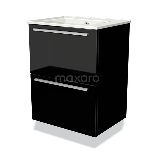 Schwarzer Badschrank mit glänzender Oberfläche, zwei Schubladen und integriertem Waschbecken, modernes Design und hochwertige Materialien.