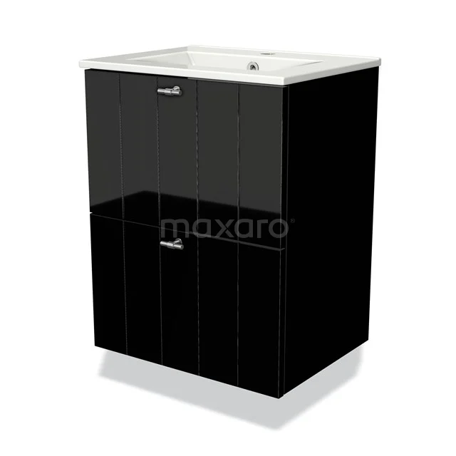 Black bathroom unit with high-gloss finish, two drawers, ceramic basin and chrome handles; modern design for the bathroom.
