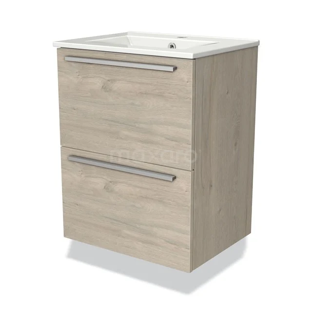 Wooden bathroom unit with two drawers, light oak finish, ceramic vanity units with basin, sleek design.
