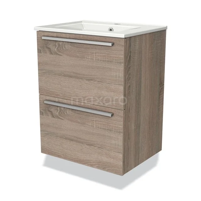 Modulo Slim Waschtische | 50 cm Eiche Flach front Keramik 2 übereinanderliegende Schubladen BMW37-00469 Holz Badezimmermöbel mit zwei Schubladen, weißem keramischen Waschbecken, modernem Design und metallischen Haltegriffen.