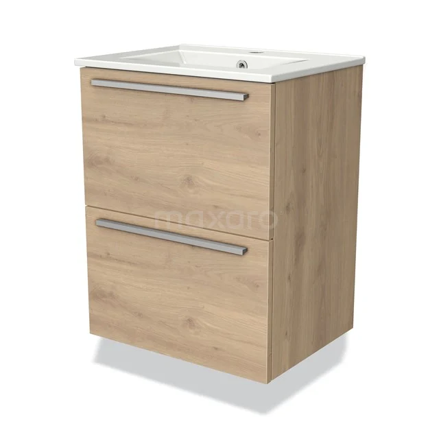 Modulo Slim Waschtische | 50 cm Hellbraune Eiche Flach front Keramik 2 übereinanderliegende Schubladen BMW37-00471 Holz Badezimmermöbel mit zwei Schubladen, modernen Haltegriffen und eingebautem Waschbecken, ideal für stilvolle Badezimmerlagerung.