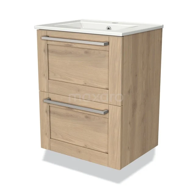 Wooden vanity unit with two drawers and metal handles, suitable for modern bathrooms, in light oak.