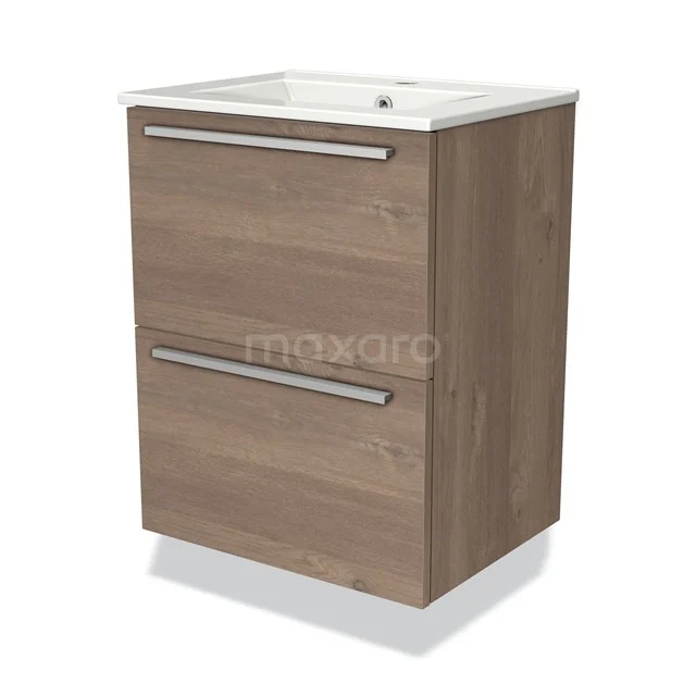 Modulo Slim Bathroom furniture with sink | 50 cm Mid brown oak Flat front Ceramic 2 Stacked drawers BMW37-00473 Wooden bathroom unit with white vanity units with basin, two drawers and modern handles, ideal for stylish bathroom storage.