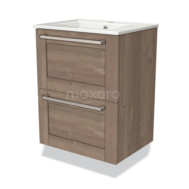 Kompakter Holz-Badschrank mit weißem Waschbecken, zwei Schubladen und schlankem Design, ideal für moderne Badezimmergestaltung.