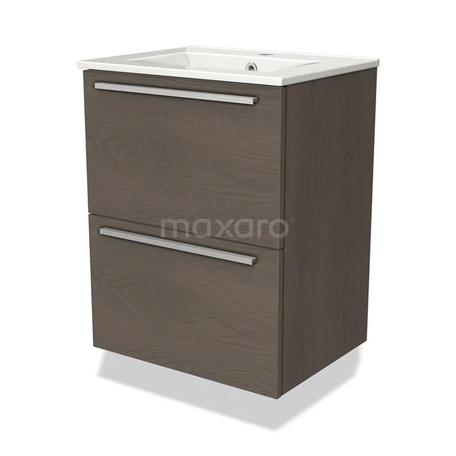 Compact bathroom furniture set with two wooden drawers in walnut colour, white Basin and modern chrome handles.