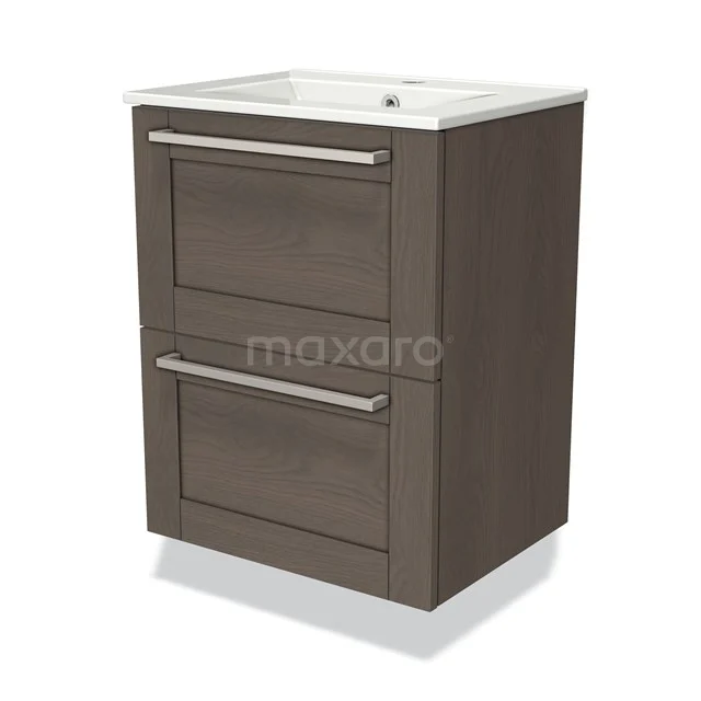 Modulo Slim Bathroom furniture with sink | 50 cm Dark brown oak Bordered front Ceramic 2 Stacked drawers BMW37-00476 Wooden bathroom unit with two drawers, dark brown, ceramic basin, modern design. Perfect for any bathroom style.