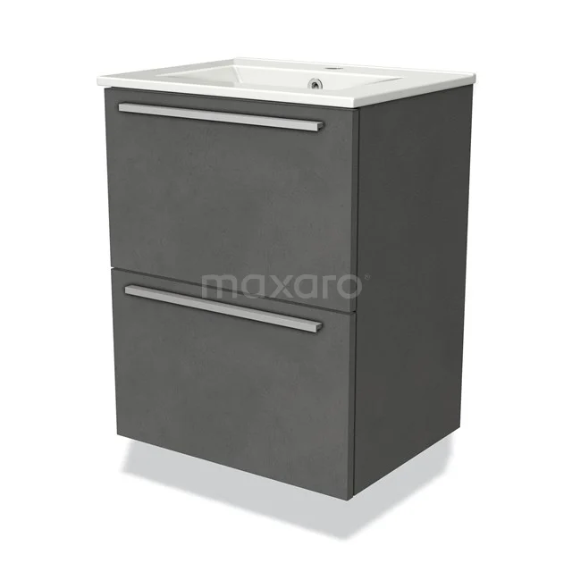 Donkergrijze badkamerkast met twee lades, modern design, kunststof afwerking, inclusief witte wastafel, compact en functioneel.
