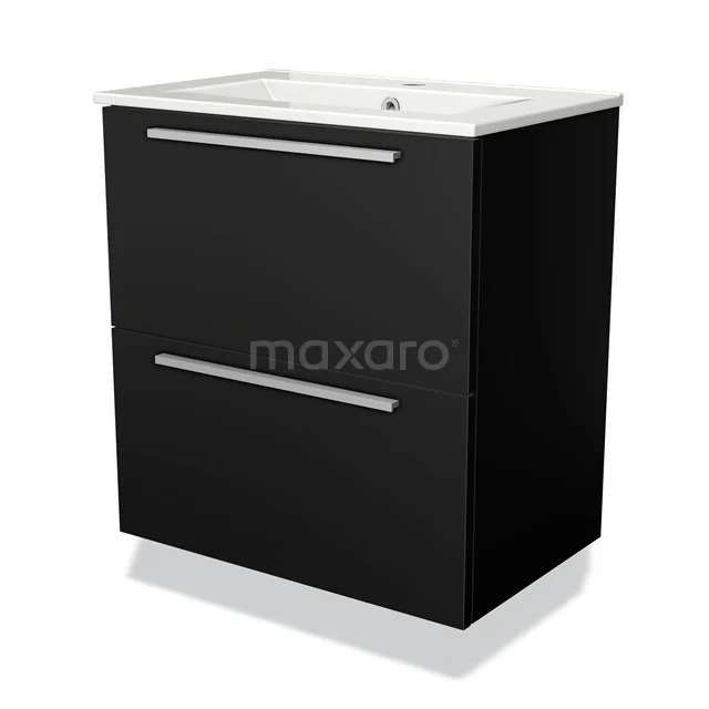 Black bathroom cabinet with two drawers, high-gloss finish and integrated basin, ideal for modern bathroom storage solutions.