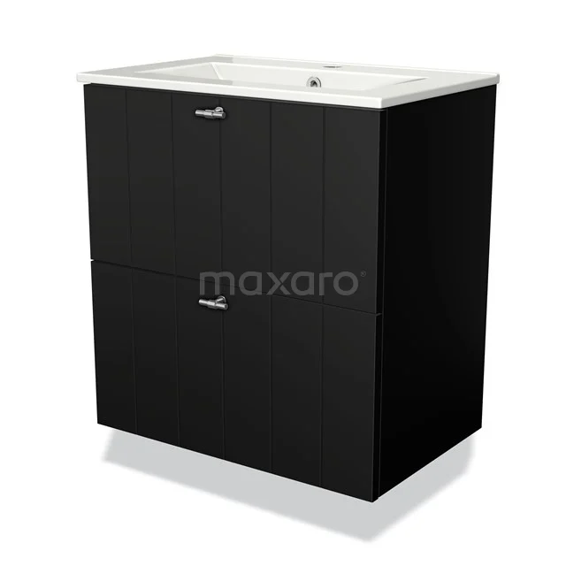 Zwart wastafelmeubel met twee lades, modern design, keramische wastafel, perfect voor een stijlvolle badkamer inrichting.