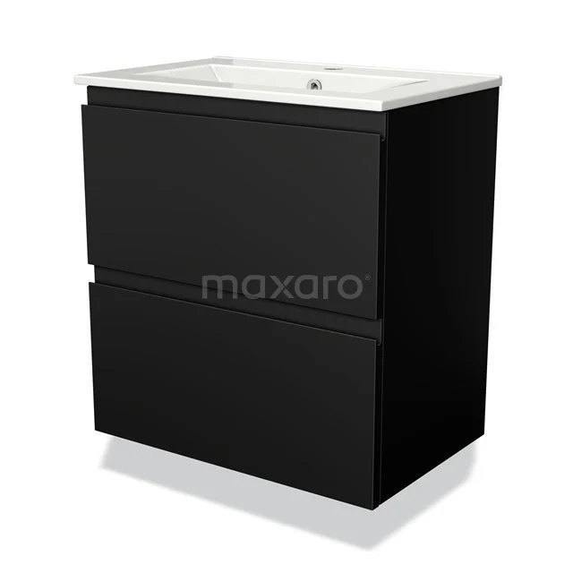Zwart badkamermeubel met twee lades, glanzende afwerking, keramische wastafel en modern design. Perfect voor stijlvolle badkamers.