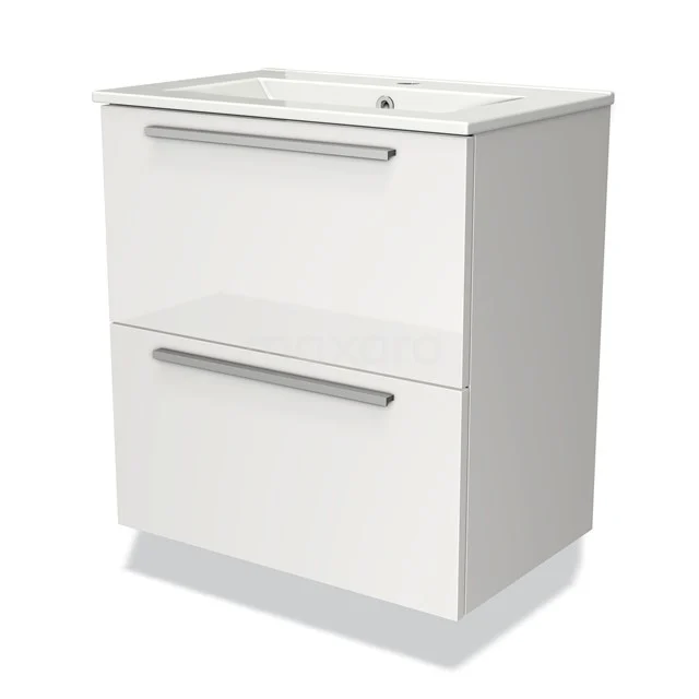 White bathroom unit with two wide drawers, glossy finish and integrated vanity units with basin, ideal for modern bathroom storage.