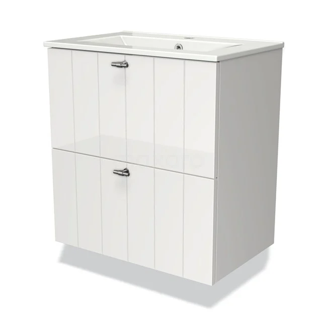 White bathroom cabinet with two drawers, vertical grooves and shiny chrome handles, ideal for modern bathroom storage.