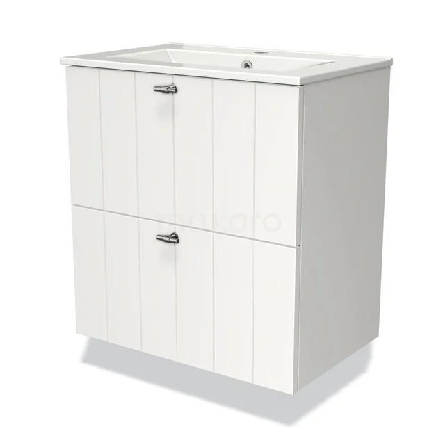 Wit houten badkamerkastje met 2 lades, verticale lijnen en zilveren handgrepen, geschikt voor moderne badkameropslag.