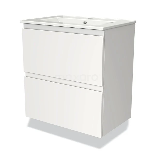 White vanity unit with two drawers, sleek design, ideal for modern bathroom storage.