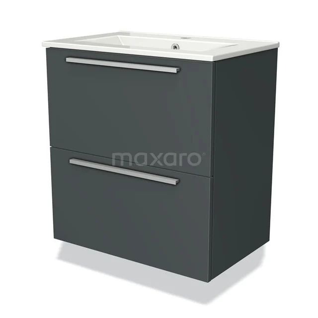 Donkergrijze badkamerkast met 2 lades, handgrepen en een witte wastafel; strak design, ideaal voor moderne badkamers.