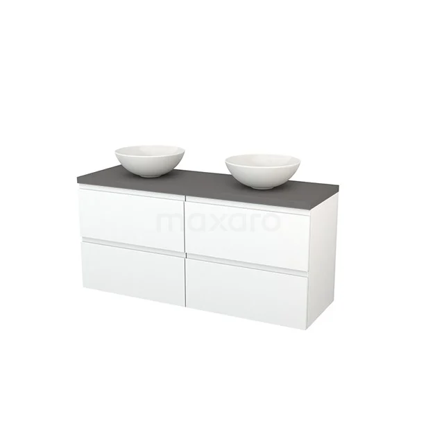 Weißes Badezimmermöbel mit doppeltem Natursteinaufsatzwaschbecken, dunkler Plattenoberfläche und modernem minimalistischen Stil.