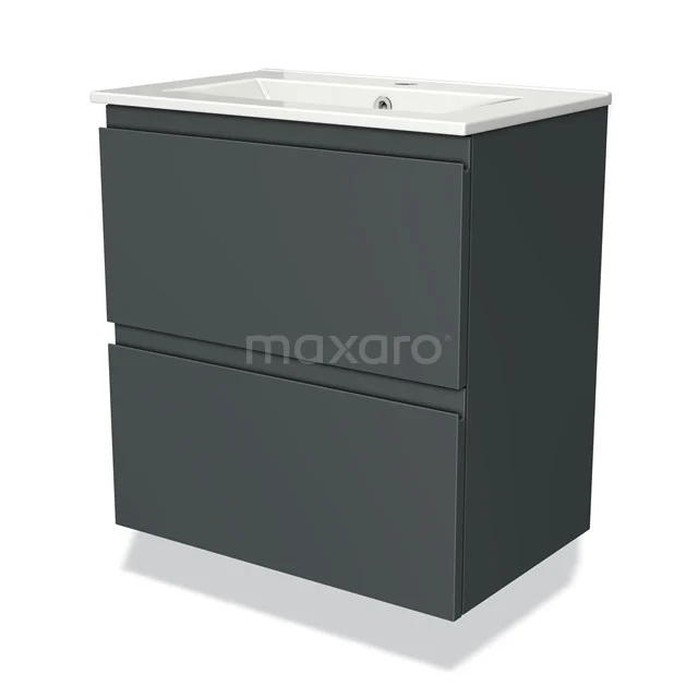 Donkergrijze badkamermeubel met twee ladekasten, keramische wastafel en strak design, ideaal voor een moderne badkamer.